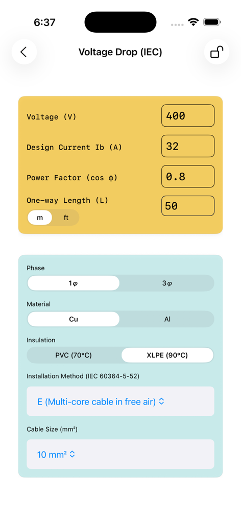 Voltage Drop Calculator. - Voltage Drop Calculator app interface for IEC electrical standards