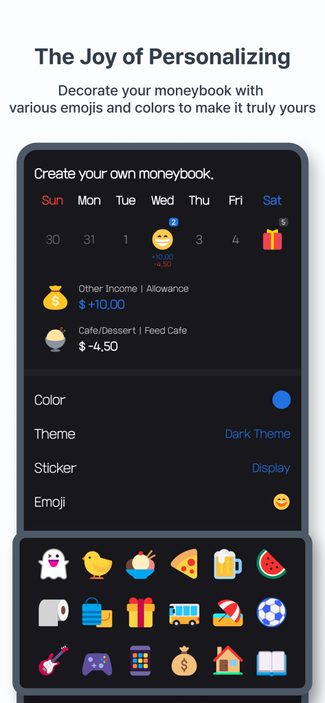 Feed MoneyBook Pro - Personalization screen in Feed MoneyBook Pro featuring dark theme and emoji icons for expense tracking.