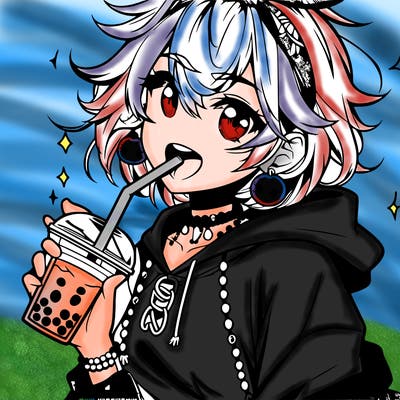 hot baddie anime girl drinking boba and biting the straw