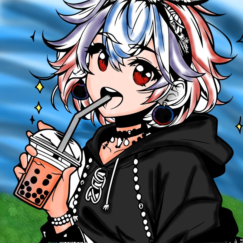 hot baddie anime girl drinking boba and biting the straw