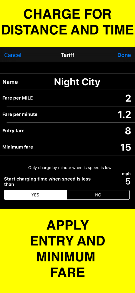 Taximeter app screen for configuring distance and time based tariffs with entry and minimum fare options