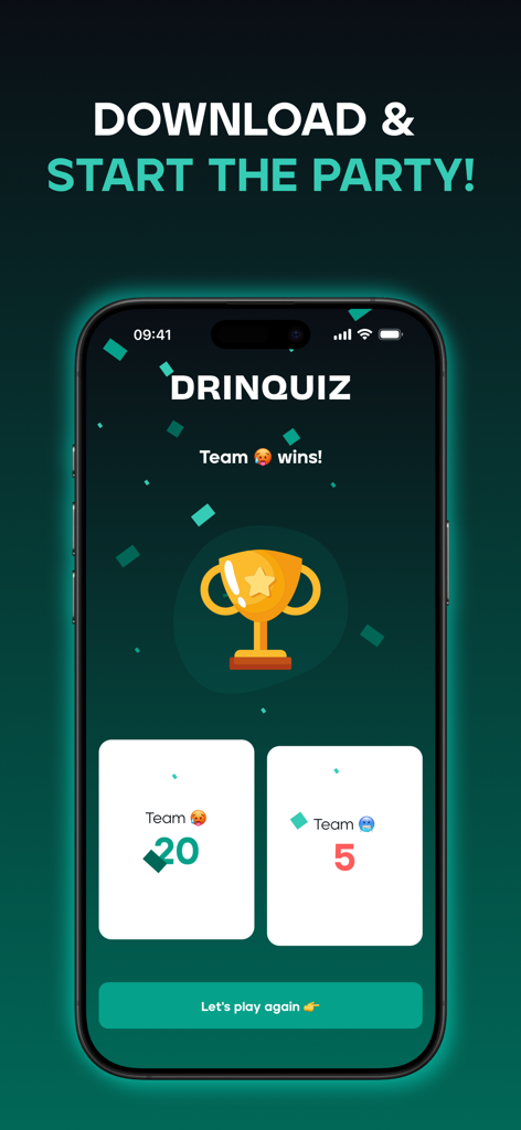 Schermata mobile che mostra la squadra vincente e i punteggi nell'app di gioco di festa Drinquiz.