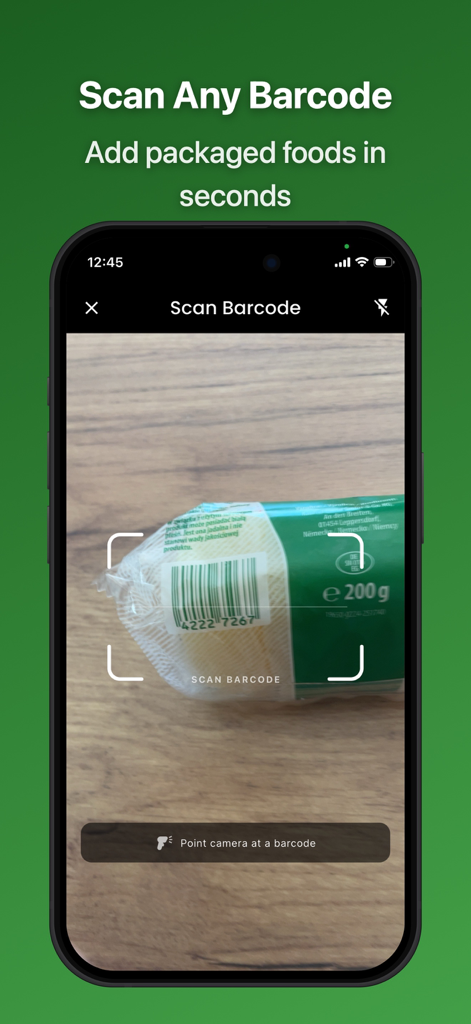 AI Food Coach: Calorie Counter - Mobile app interface showing a barcode scanner for quick meal logging of packaged foods