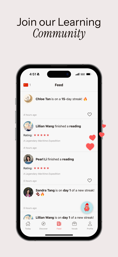 Read Bean - A mobile screen showing the Read Bean social feed with user progress and study streaks