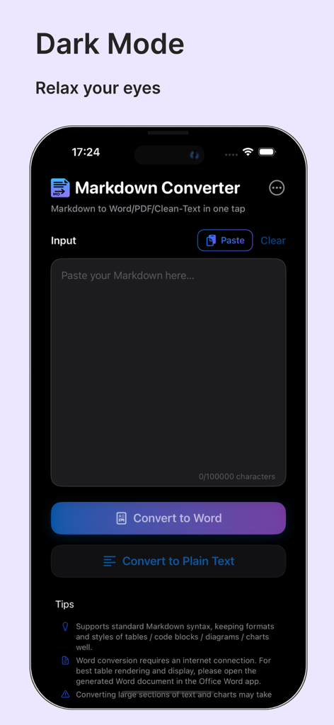 Markdown Converter - .docx/PDF - Interface do aplicativo Conversor de Markdown em modo escuro com uma área de entrada de texto e botões para converter Markdown em Word ou texto simples