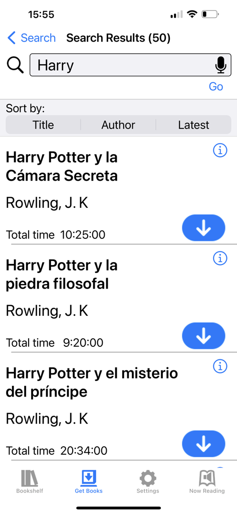 Pantalla de resultados de búsqueda de la aplicación BARD Mobile que muestra audiolibros de Harry Potter con opciones de descarga