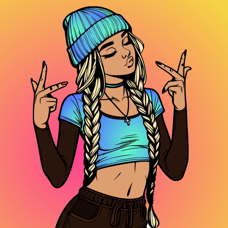 realistic teenage girl with braids and a beanie and crop top doing 🫶🏼