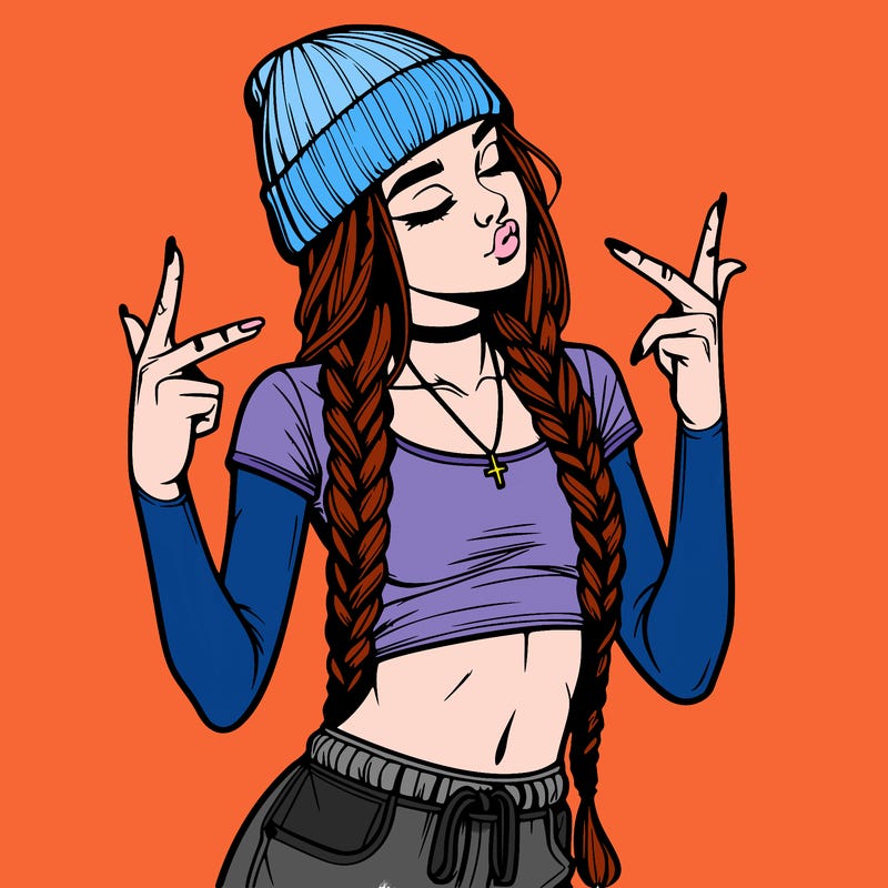 realistic teenage girl with braids and a beanie and crop top doing 🫶🏼