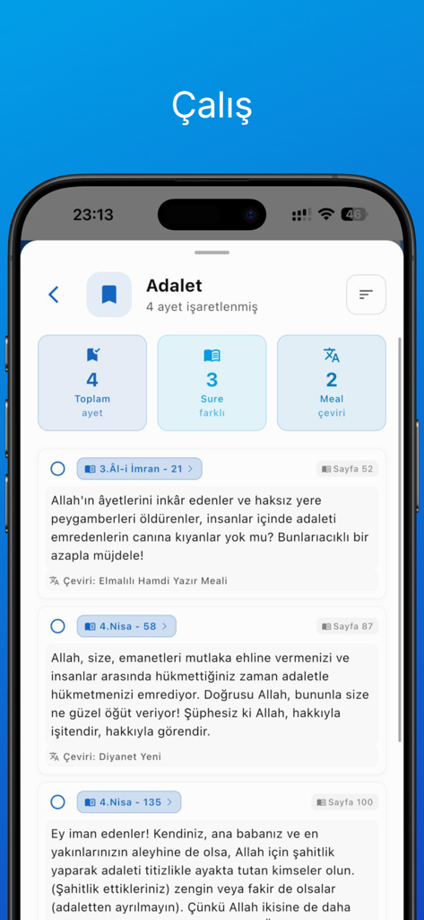 Kuran Analiz 2026 - Interface do aplicativo móvel Análise do Alcorão 2026 mostrando uma lista de versículos marcados do Alcorão sobre justiça em turco