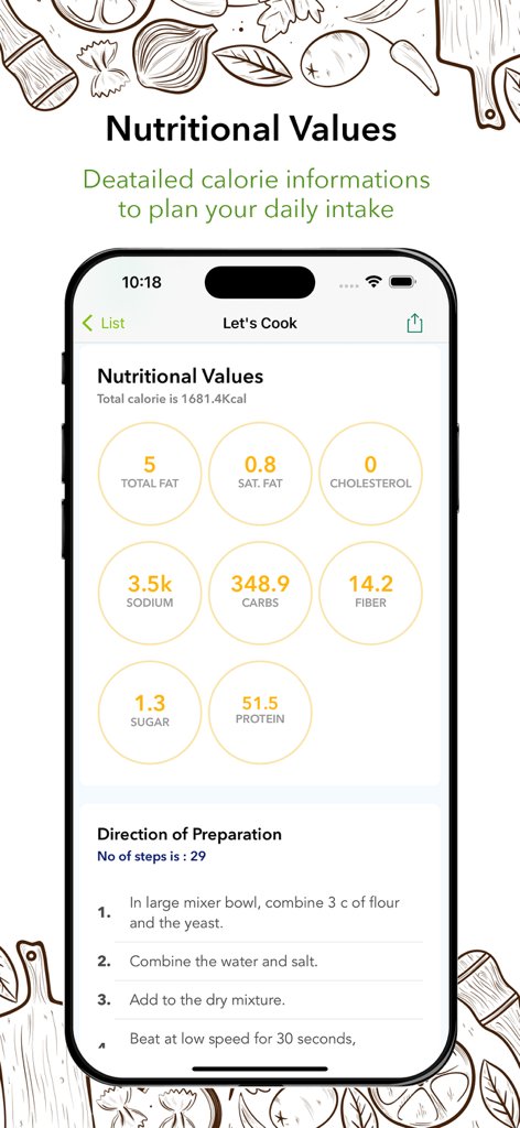Weight Loss Recipe Book - Mobile app screen showing detailed nutritional information and recipe preparation steps