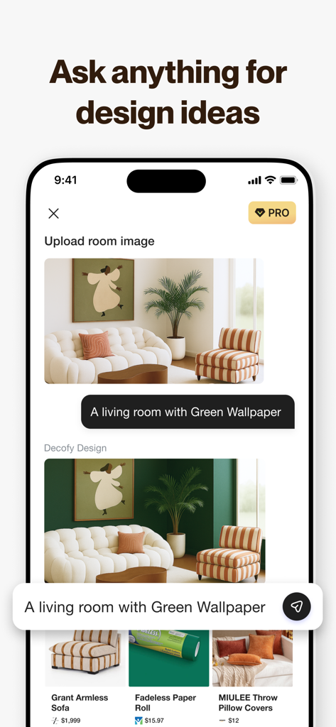 AI Home Design: Decofy - Smartphone interface of AI Home Design Decofy app showing a design transformation prompt for a living room with green wallpaper.