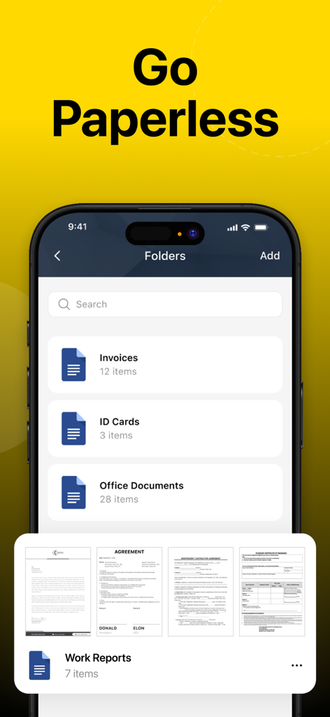 eSignature: Signature Scanner - Una interfaz móvil que muestra carpetas de documentos organizadas para facturas y contratos bajo un encabezado 'Ir sin papel'.
