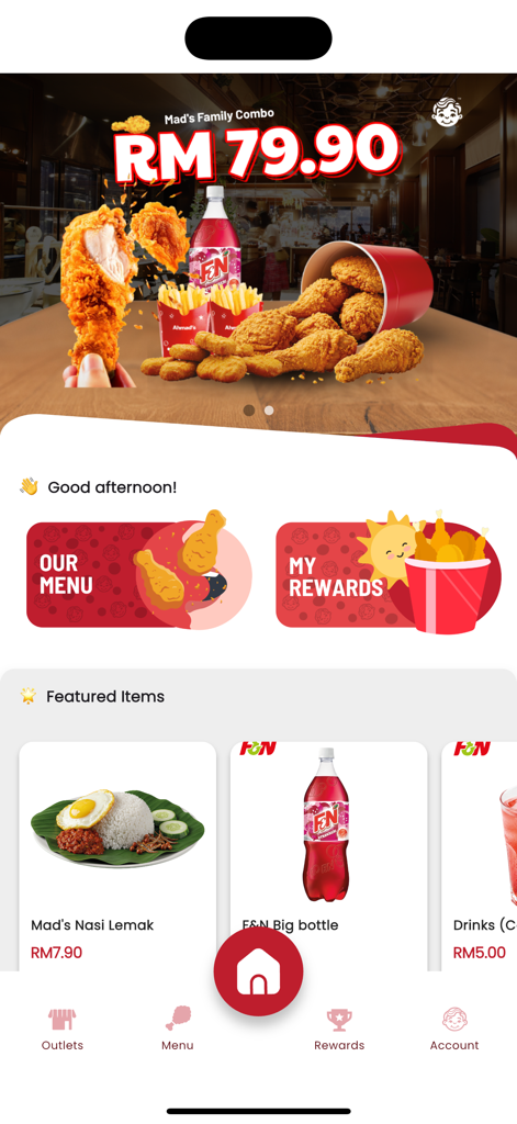 Ahmads Fried Chicken - Home screen of the Ahmad's Fried Chicken app featuring a family combo meal deal, loyalty rewards access, and featured menu items like Nasi Lemak.
