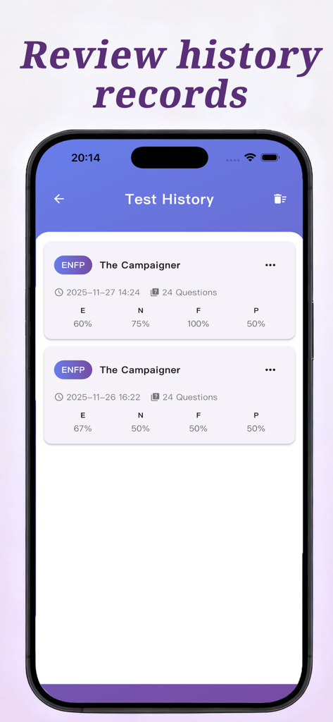 以前の性格評価結果と特性の割合を示すテスト履歴画面のスクリーンショット。