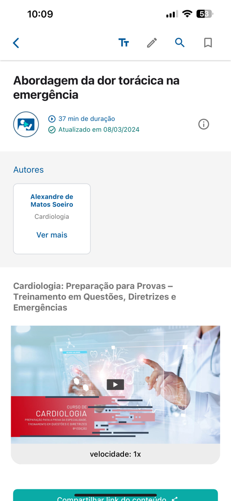 Interfaz de lección en video de la aplicación médica InforMED que muestra contenido de emergencia en cardiología