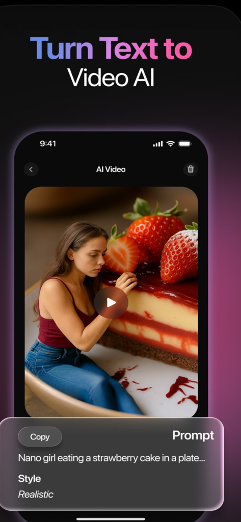 Vivideo.ai: AI Video Generator - Mobile app interface showing a realistic AI video generated from a text prompt of a girl with a strawberry cake.