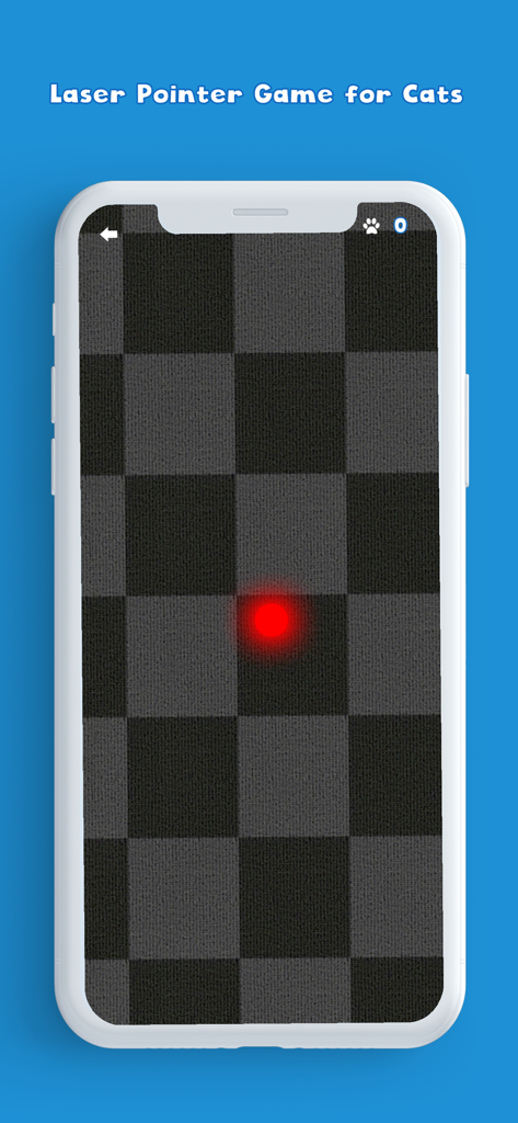 Laser Pointer for Cat - A smartphone displaying a glowing red laser dot on a grey checkered background for a cat game