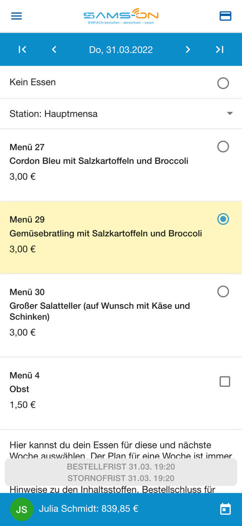 Interfaz de la aplicación SAMS-ON para seleccionar comidas de cafetería y ver el saldo de la cuenta