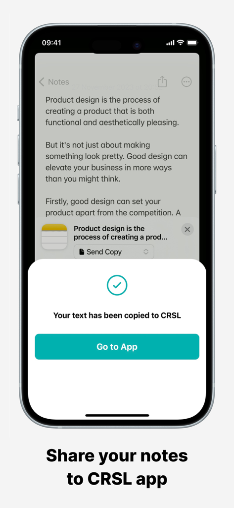 Tela do iPhone mostrando uma nota de texto sendo compartilhada e copiada com sucesso para o aplicativo CRSL para criação de carrosséis de mídia social.