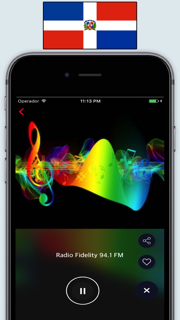 Pantalla de reproducción de la app móvil para Radio Fidelity 94.1 FM con gráficos coloridos de ondas sonoras y la bandera de la República Dominicana