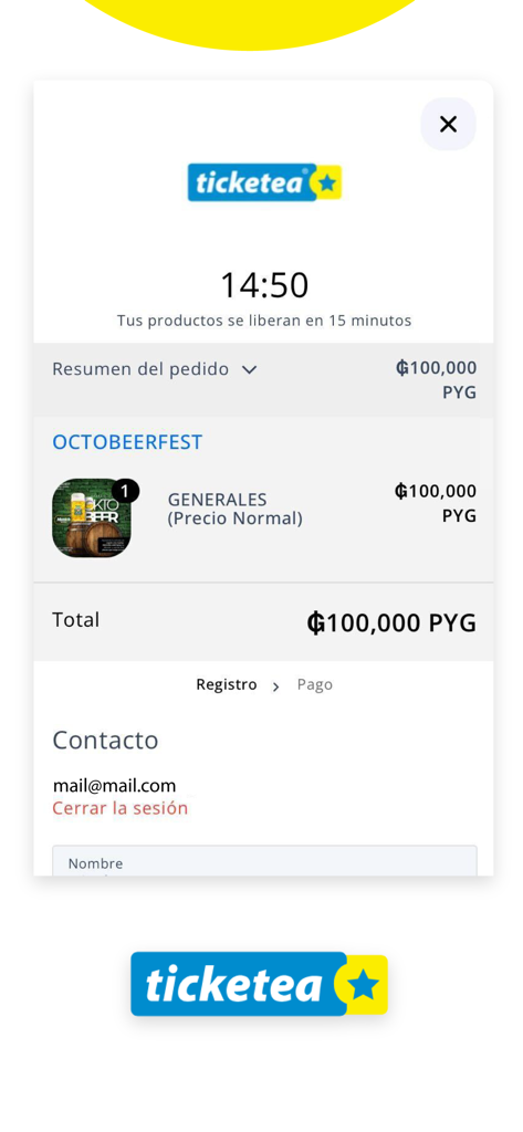 Tela de resumo do pedido no aplicativo Ticketea Paraguai mostrando a compra de um ingresso para o Octoberfest.