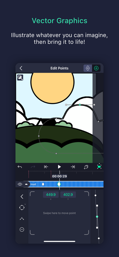Alight Motion app screen for editing vector graphics points on a landscape illustration