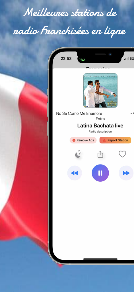 MonRadio France app player screen showing a live radio station over a French flag background
