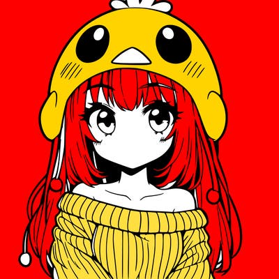 anime girl with chick shaped hat with sweater with bare shoulders with bangs covering them one eye with low tail