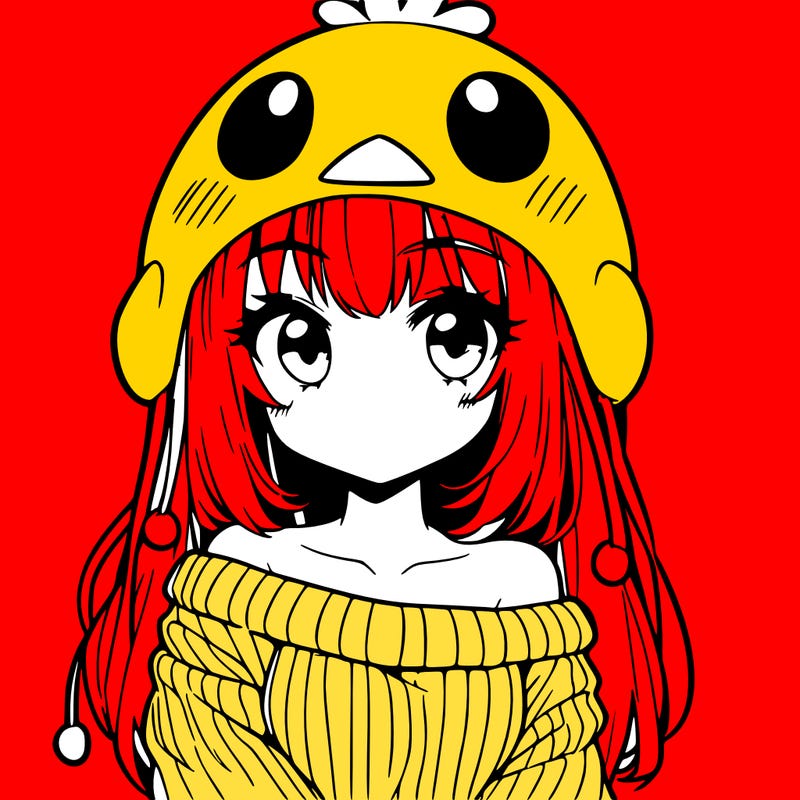 anime girl with chick shaped hat with sweater with bare shoulders with bangs covering them one eye with low tail