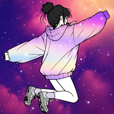 realistic girl jumping with a bun and oversized sweatshirt