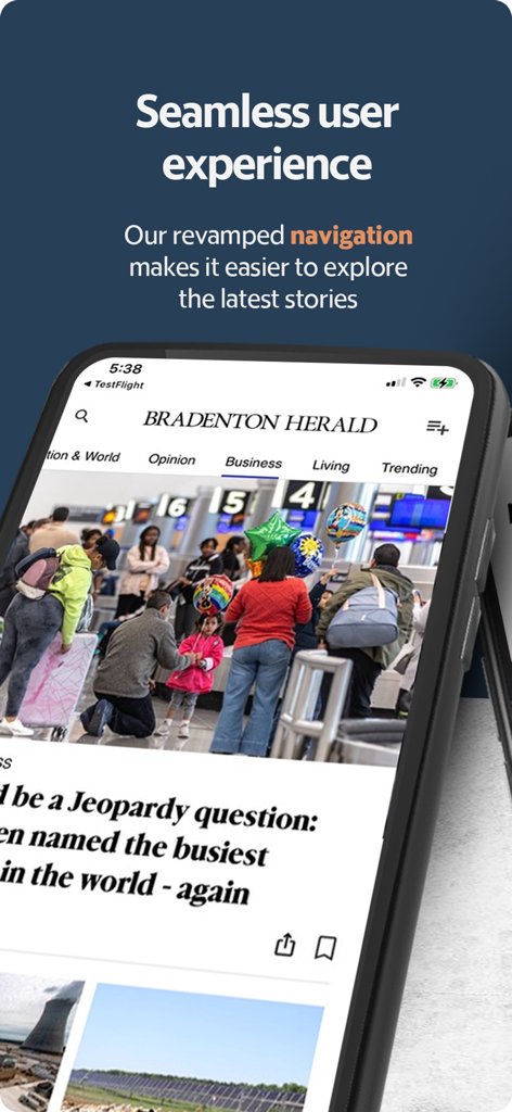 Bradenton Herald News - Smartphone showing the Bradenton Herald News app interface with its revamped navigation and local news stories