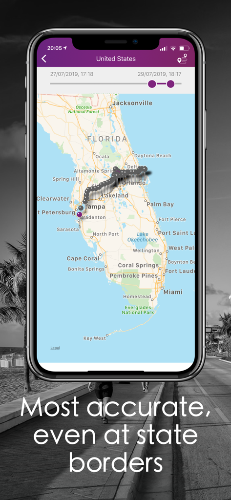 TrackingStates app map view showing precise location tracking and travel paths in Florida for residency audit protection.