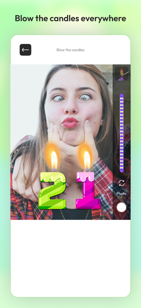 Happy Birthday Virtual Candles - A woman posing with virtual birthday candles showing the number 21 in the app camera interface