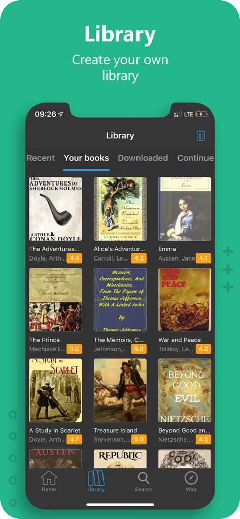 Library interface of the Gutenberg Ebook Reader app showing classic book covers like Sherlock Holmes and War and Peace.