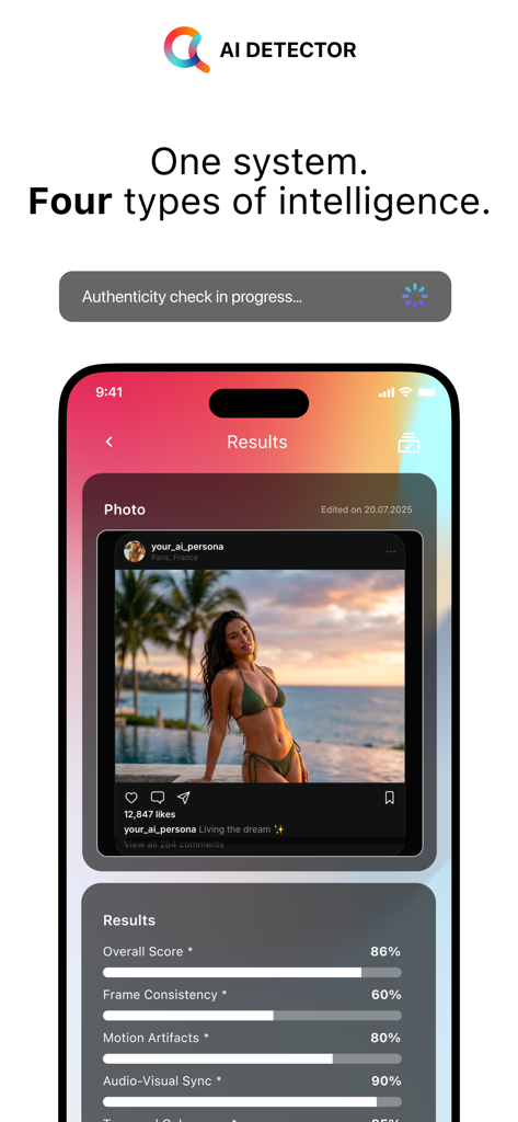 GPTZero: AI Detector Humanizer - GPTZero app interface displaying AI detection analysis and authenticity scores for a photo.