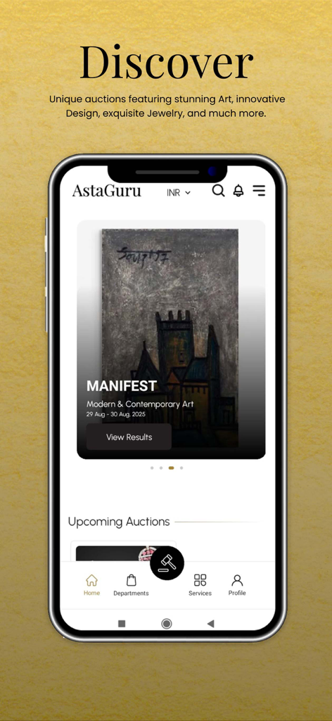 AstaGuru Auction House - AstaGuru Auction House app home screen showing a featured modern and contemporary art auction