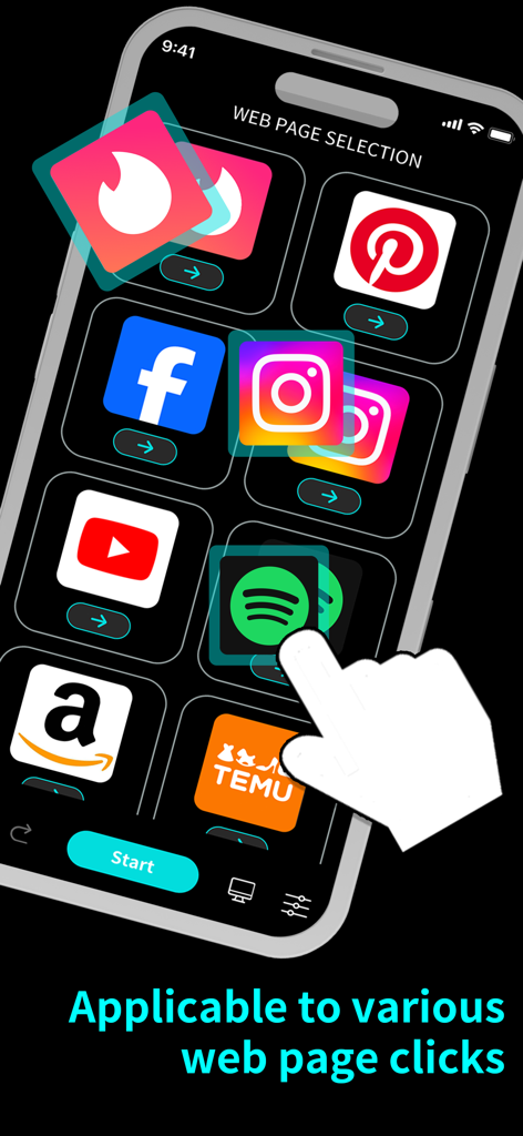 OC Auto Clicker: Auto Tapper - Mobile screen showing OC Auto Clicker support for various apps like Facebook, YouTube, and Amazon