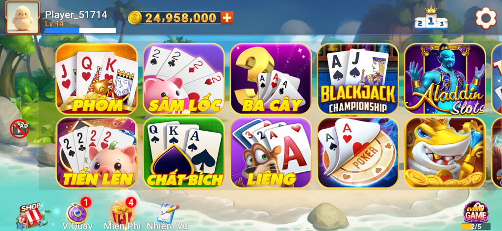 Hauptmenübildschirm der Sâm Lốc Offline App mit verschiedenen vietnamesischen Kartenspielen und Slot-Symbolen