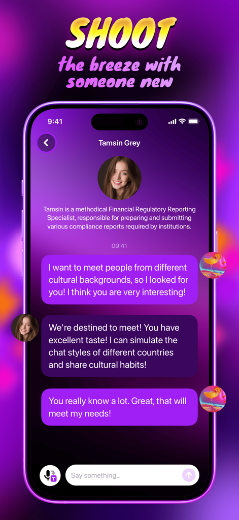 A mobile screenshot of the Beiee app showing a chat interface with an AI character named Tamsin Grey on a purple background.