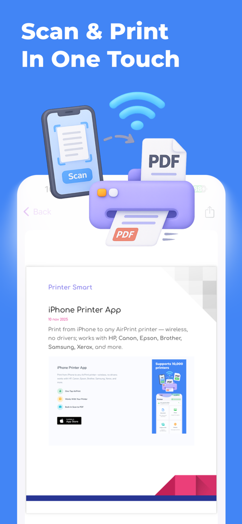 AirPrinterSmart - print app - AirPrinterSmart app interface for scanning and printing documents wirelessly from an iPhone