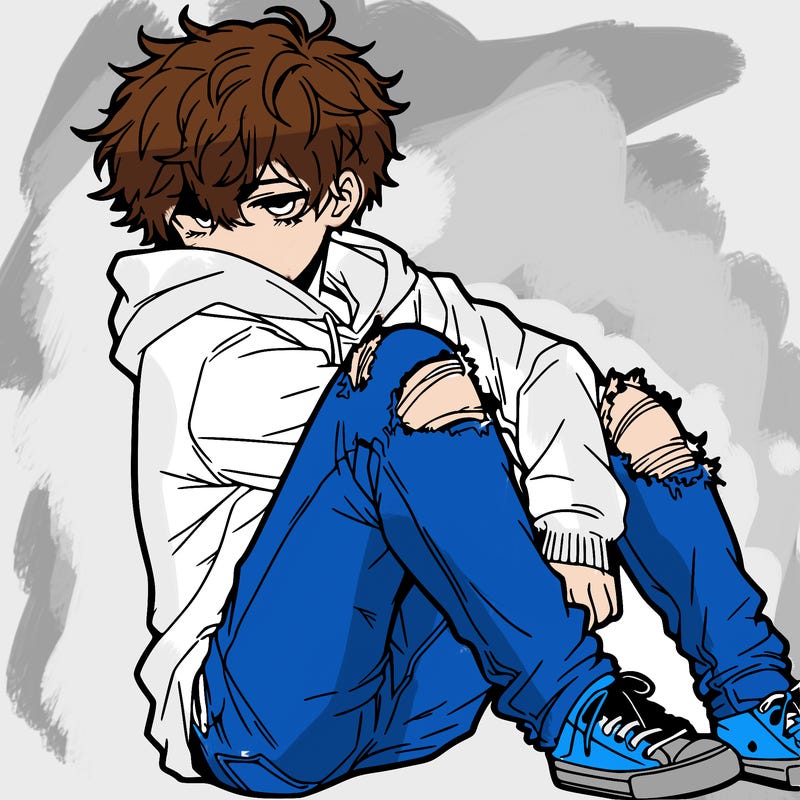 a male hoddie ripped jeans messy hair anime