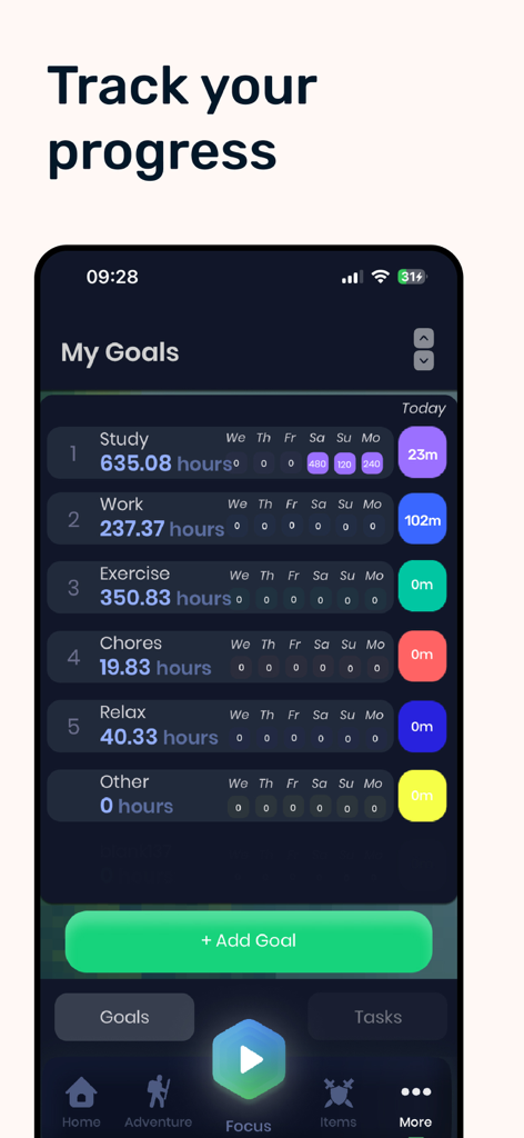 Focus Hero: Achieve your Goals - Focus Hero app screenshot showing the My Goals dashboard with time tracking for study, work, and exercise.