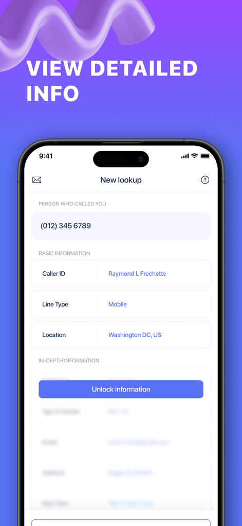 Mobile screen showing reverse phone lookup results with caller name, mobile line type, and Washington DC location.