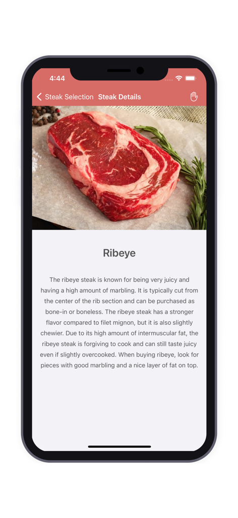 Pantalla de detalles y descripción del filete ribeye en la aplicación móvil Steak Timer.