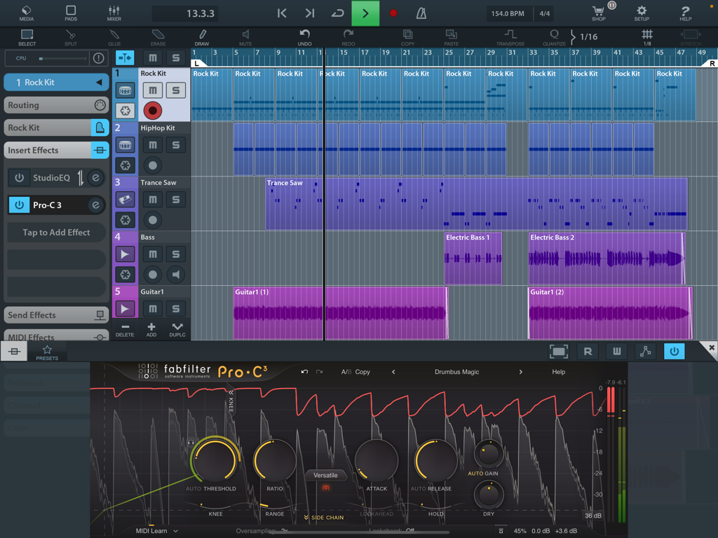 FabFilter Pro-C 3 professional compressor plugin interface on iPad DAW