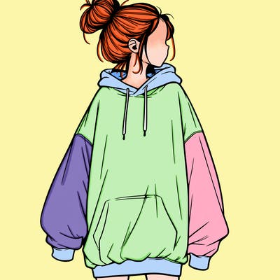 realistic girl with a oversized sweatshirt on and a bun