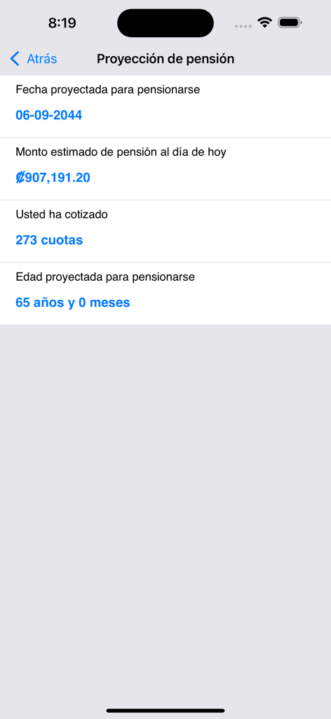 CCSSmóvil - Pantalla de proyección de pensión en la aplicación CCSSmovil que muestra la fecha estimada de jubilación y el monto mensual.