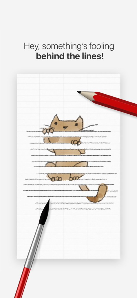 Tayasui Doodle Book - Scribble - A cute cat doodle peeking through notebook lines with a pencil and brush nearby