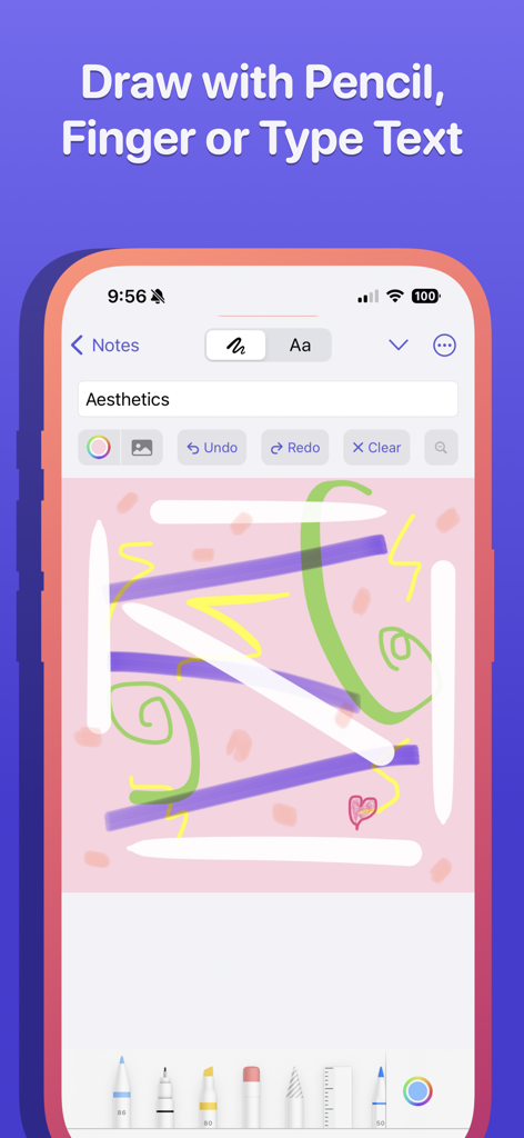 Interfaccia dell'app Jot che mostra opzioni per disegnare o digitare su un widget di nota adesiva rosa personalizzabile.