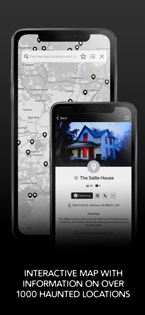 GhostTube - GhostTube app interactive map displaying haunted locations and detailed information for The Sallie House.